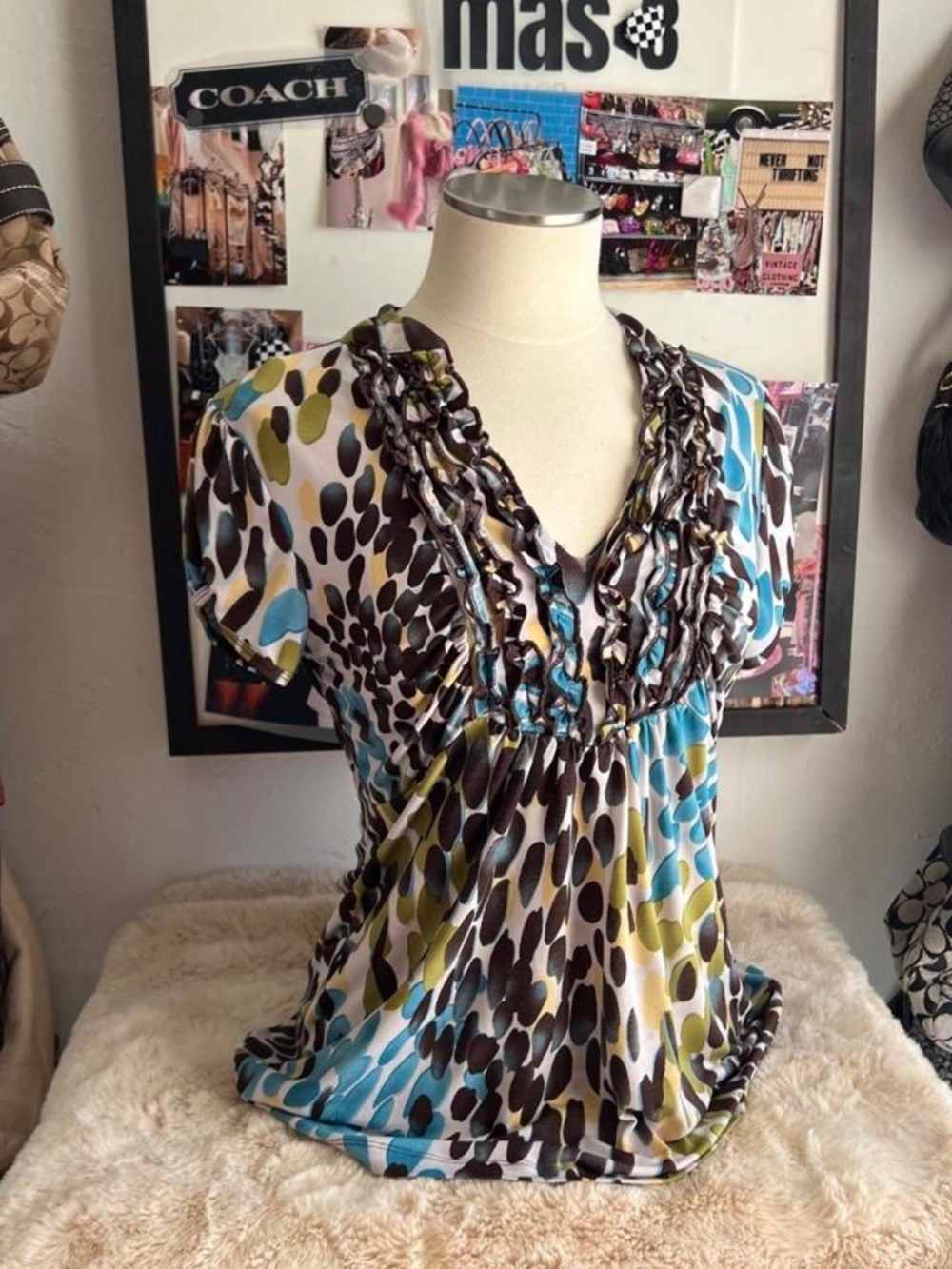 Y2K 2000s multicolored abstract pattern polyester & spandex blouse with ruffles